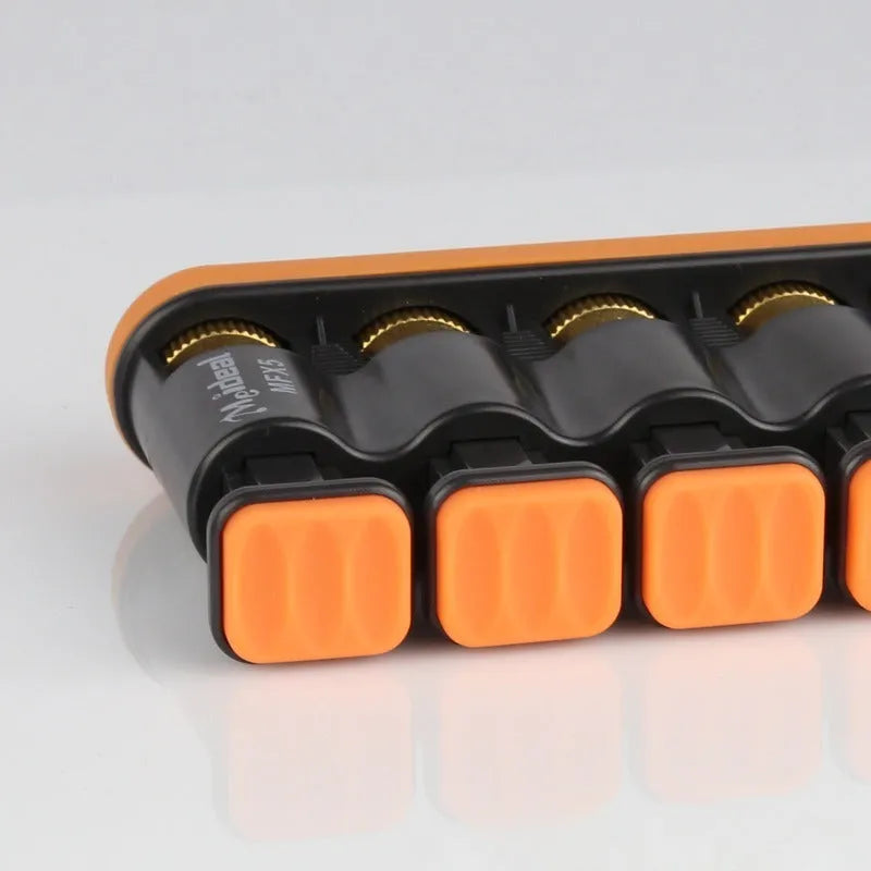 A grey and orange non-slip silicone finger trainer for musicians and climbing.