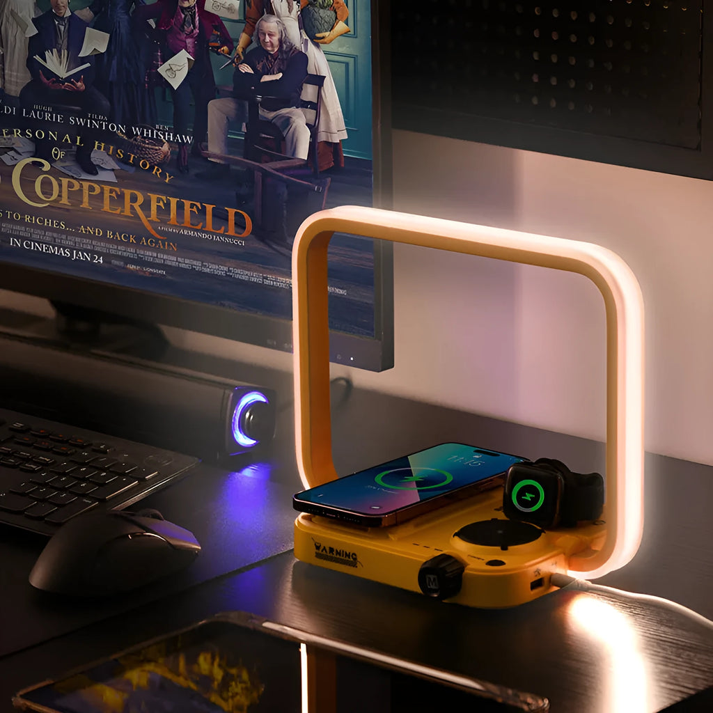 Multi-function wireless charger with night lamp, geometric stereo shape, charges phone headset and watch, 30W socket power