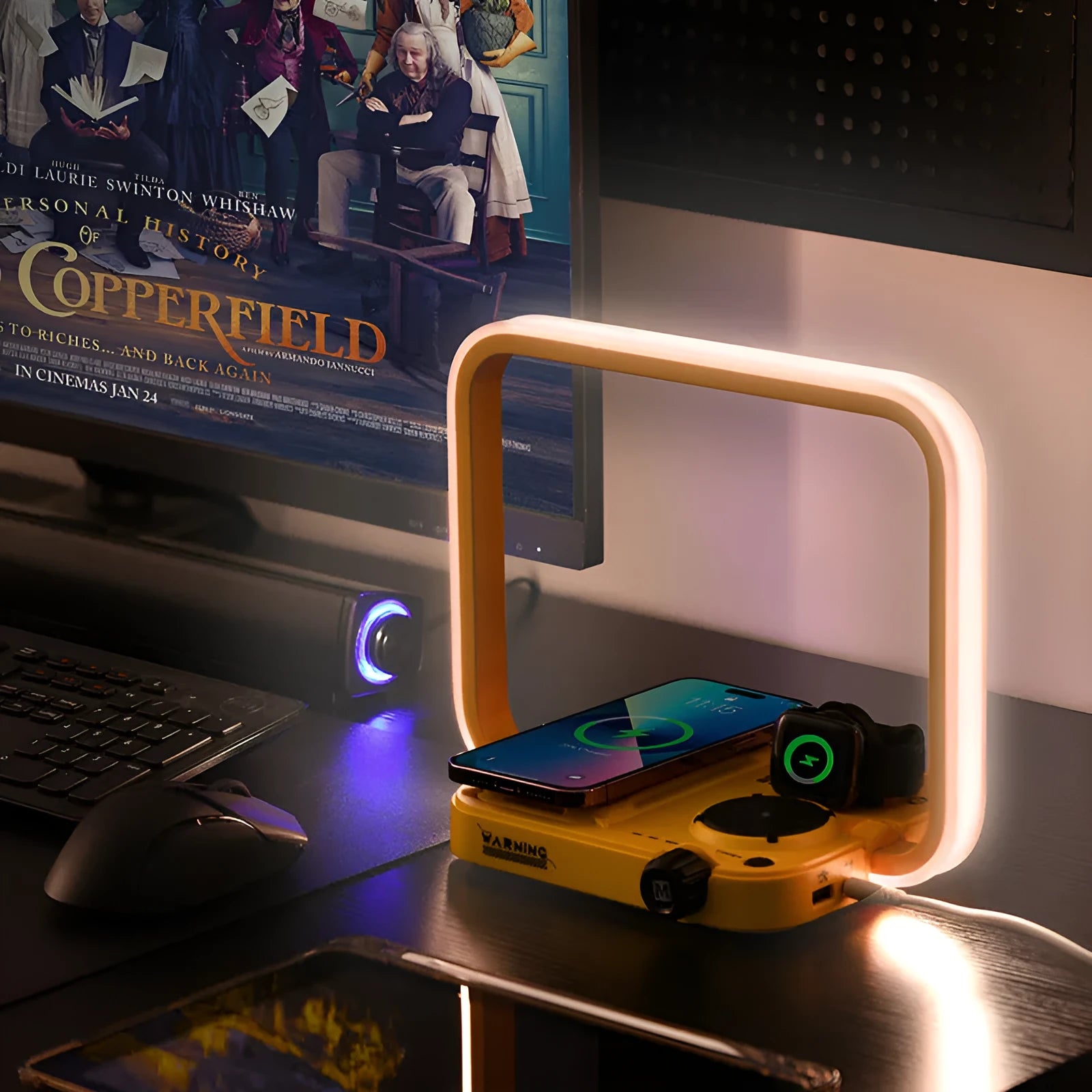Multi-function wireless charger with night lamp, geometric stereo shape, charges phone headset and watch, 30W socket power
