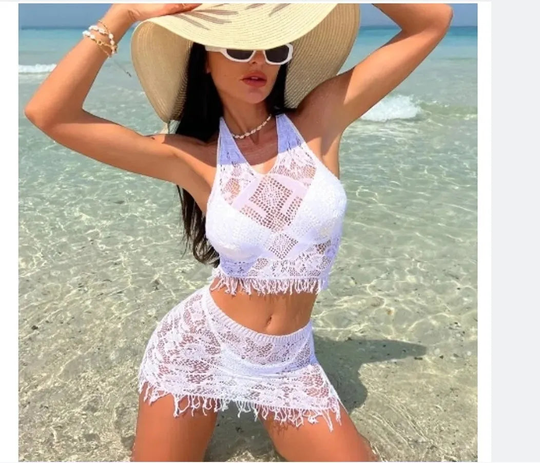 Women's white two-piece swimsuit with lace tassel beach cover-up skirt