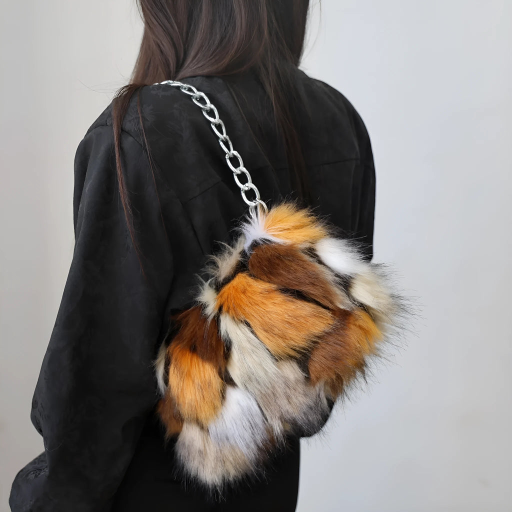 Soft plush underarm shoulder chain bag 28x8x40cm in white leopard print