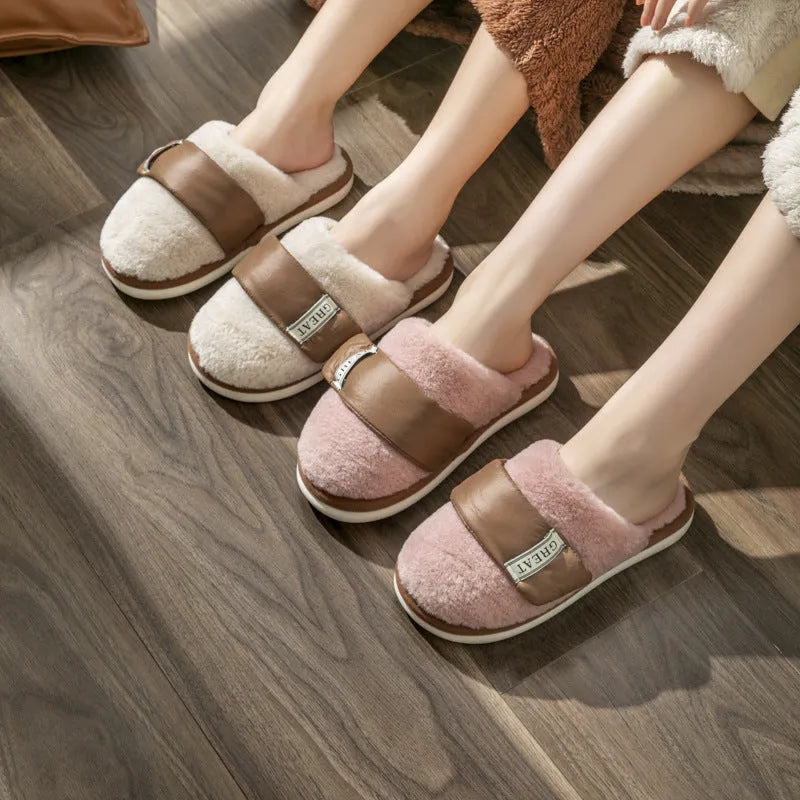 Beige women's plush velcro floor slippers with a non-slip plastic sole and round toe.