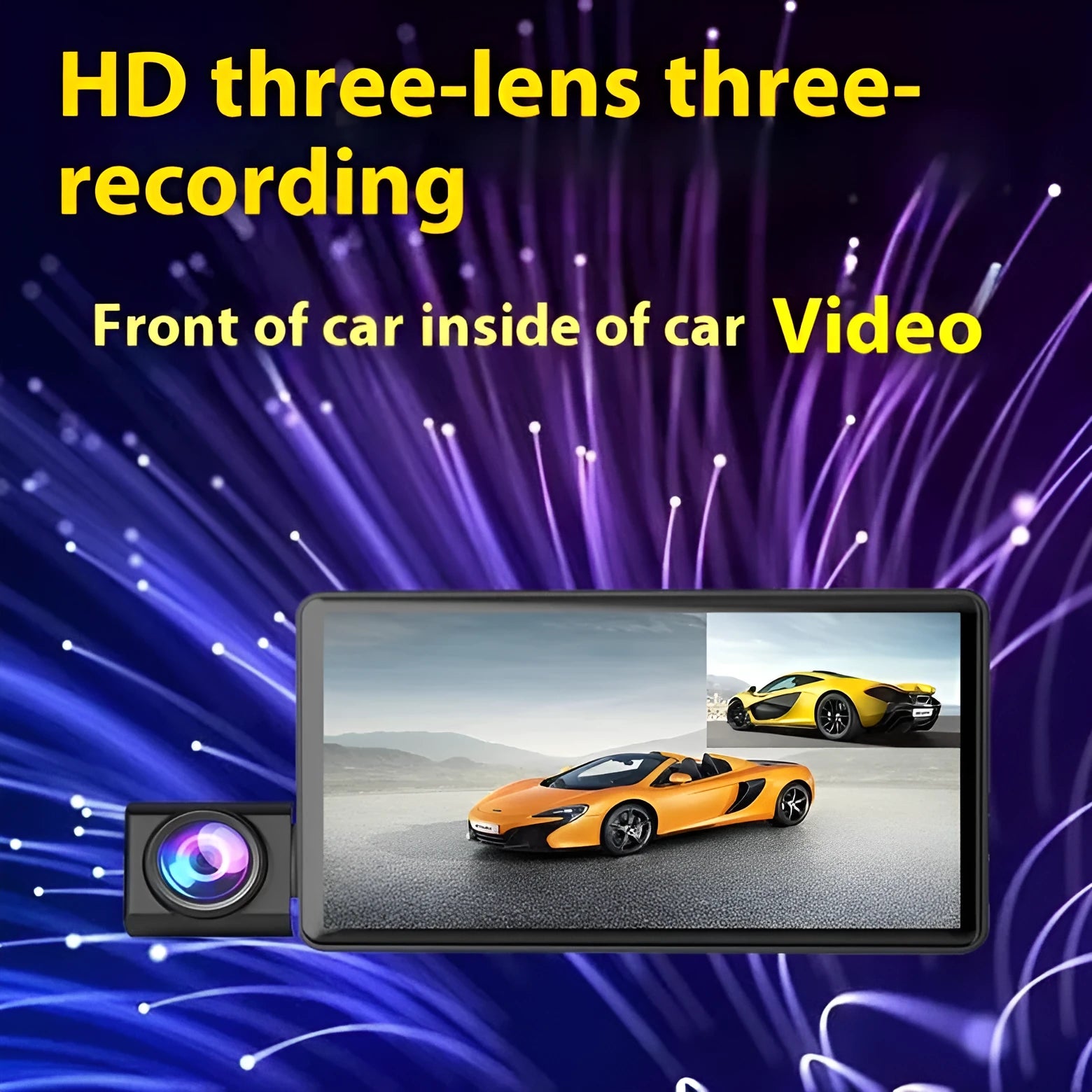 Black three lens dashcam with 4-inch touchscreen display for front, rear, and interior vehicle recording