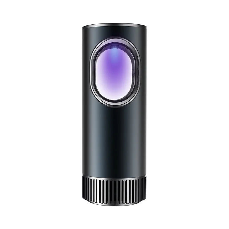 Black cylindrical car air purifier with USB connection for vehicle formaldehyde removal and negative ion generation