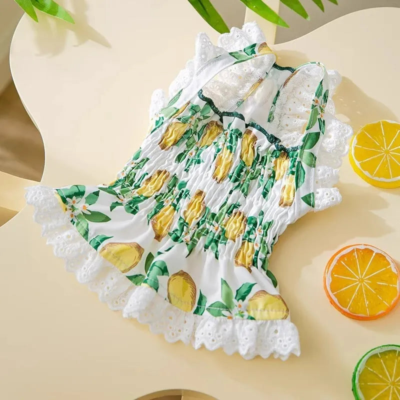 Rock yellow lemon princess style strap skirt dog dress on small dog