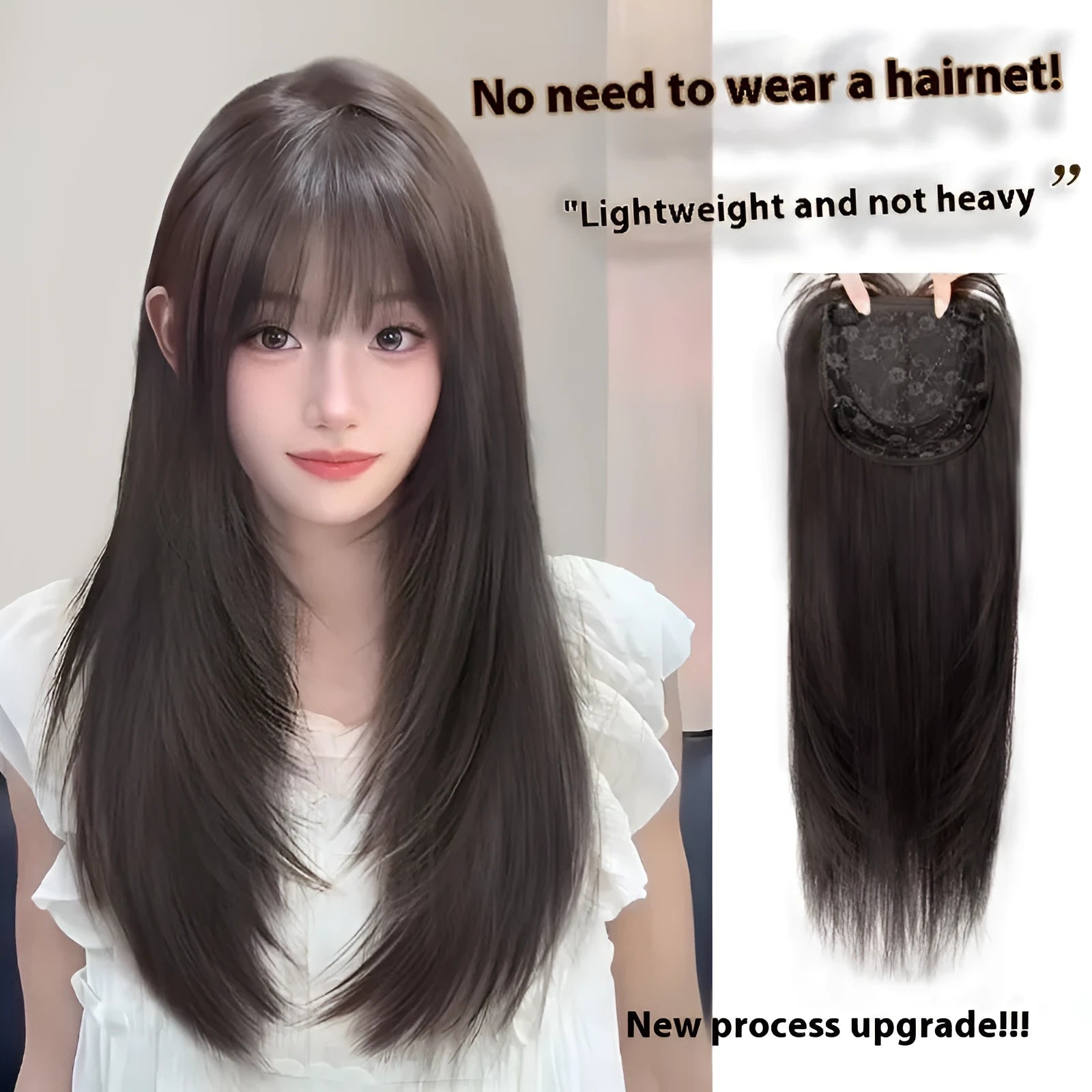 Full-head long straight layered wig in synthetic fibre with wear-free hair net