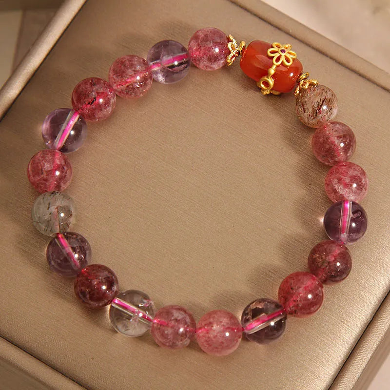 Natural Super Seven crystal bracelet with white crystal and red agate stones in cartoon style