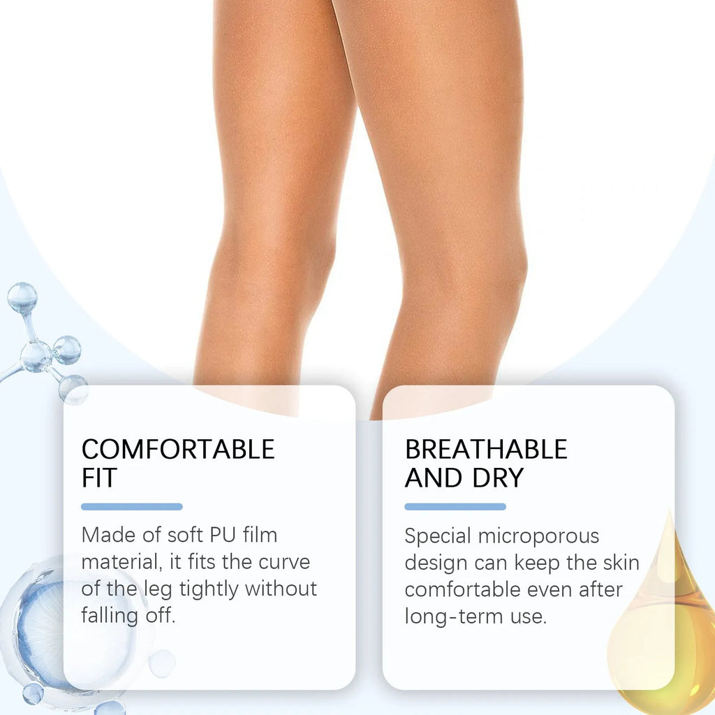 Pack of ten clear leg anti-wear patches on skin, showing gel-like texture for friction protection.