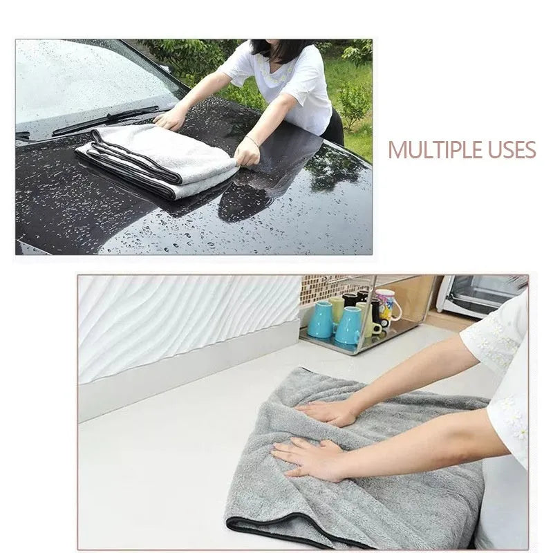 Microfiber car wash towel shown in three size variations: 75x35 cm, 60x40 cm, and 100x40 cm.