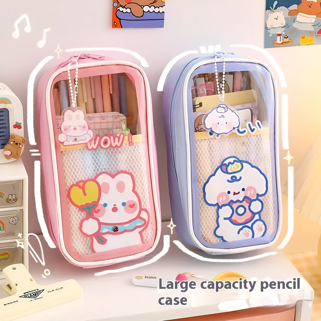 Transparent PVC student pencil case with Korean-style cartoon design showing stationery storage capacity