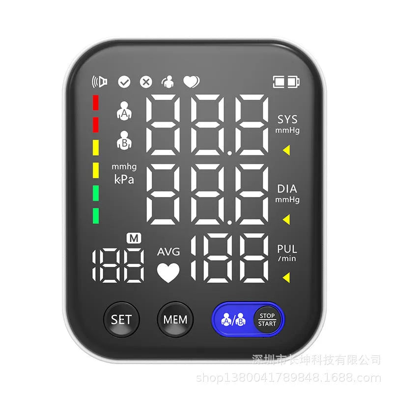 White electronic blood pressure monitor with large LCD screen and attached upper arm cuff
