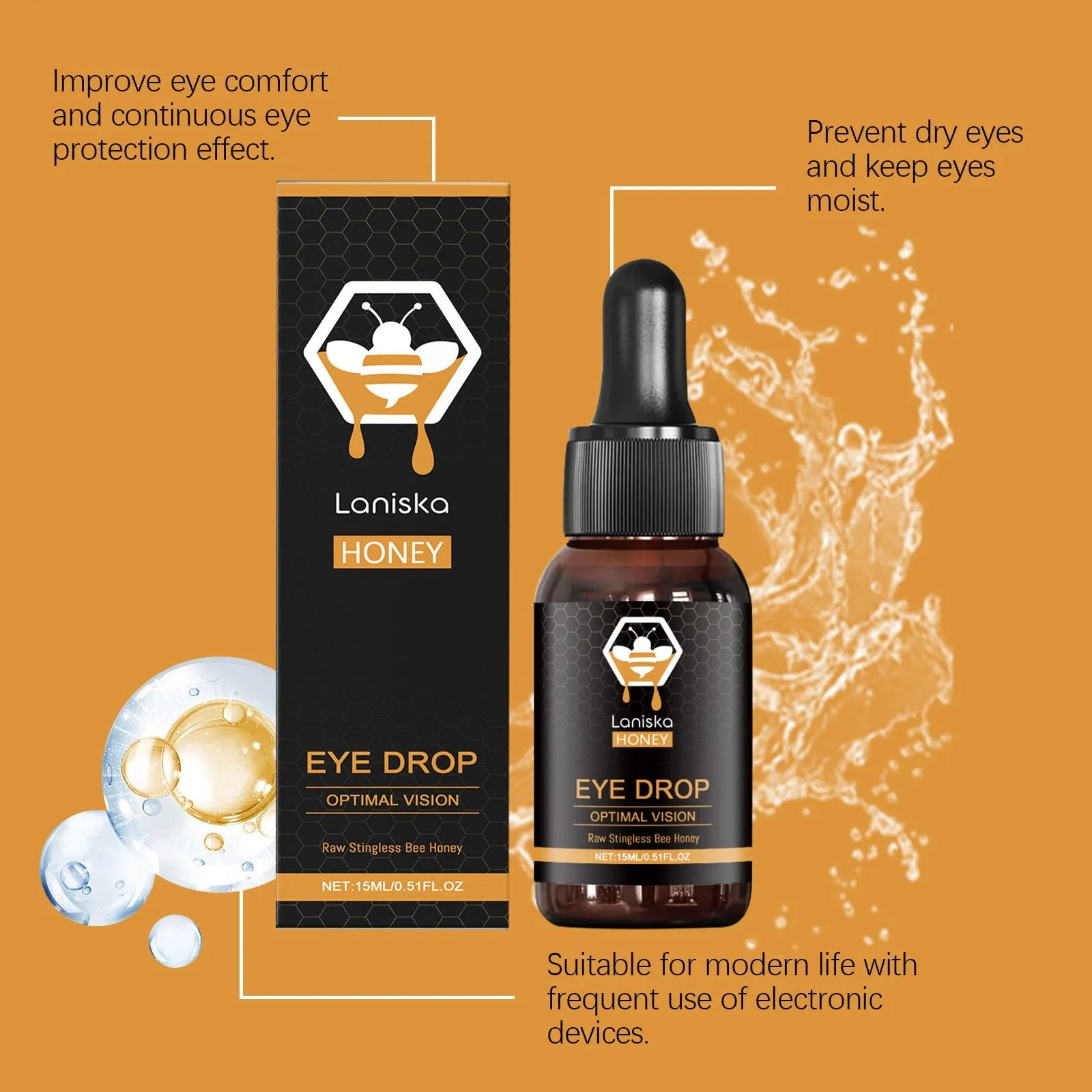 15ml bottle of Deep Fluid Honey Eye Drops for relieving dry, fatigued eyes.