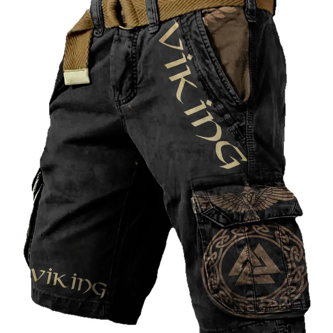 Men's black polyester shorts with a 3D digital printed pattern on the leg.