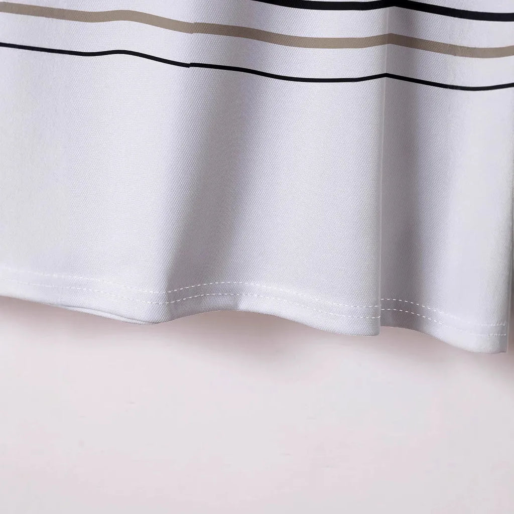 Men's white striped polyester t-shirt with short sleeves and loose slim fit for summer casual wear