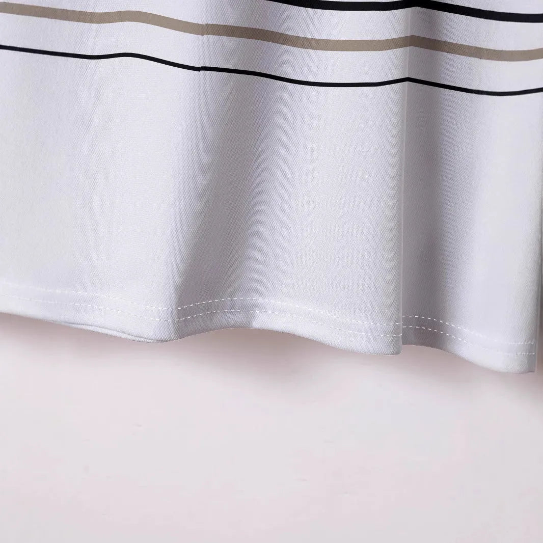 Men's white striped polyester t-shirt with short sleeves and loose slim fit for summer casual wear
