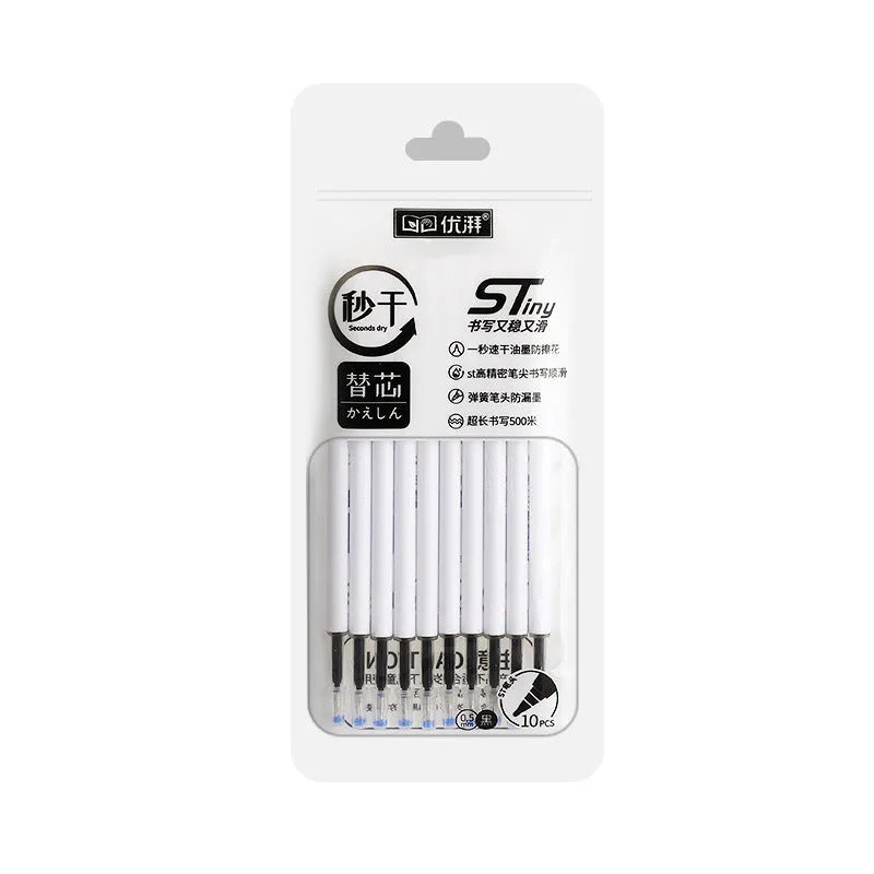 Pack of 10 quick-drying 0.5mm ballpoint pen refills in black, blue, red, and navy ink colours.