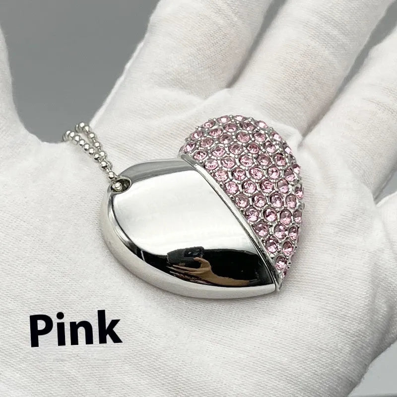 Creative heart-shaped USB flash drive with brick-inlaid pattern and metal shell in various colours.