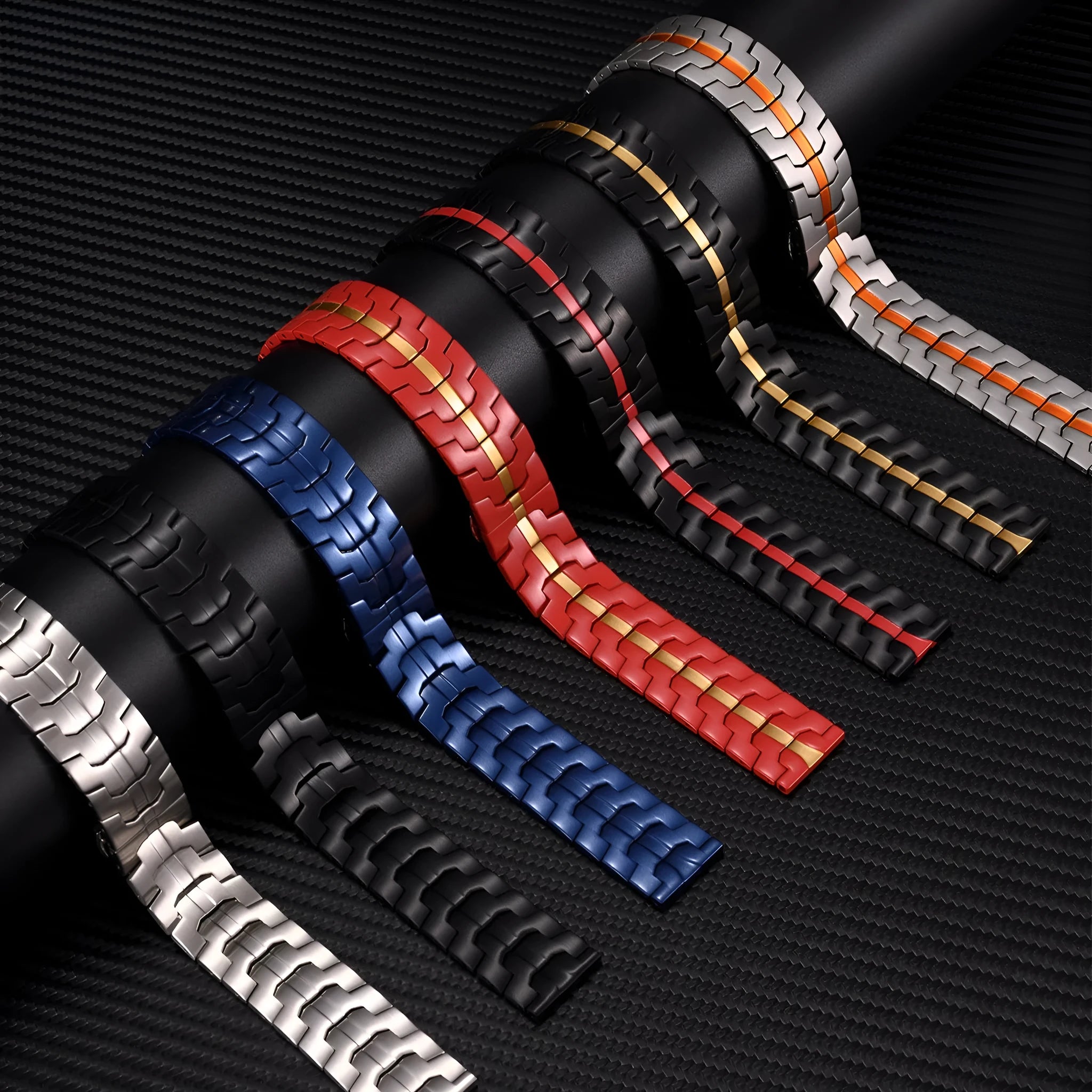 Stainless steel Samsung Galaxy Watch replacement band in silver, shown attached to a watch.