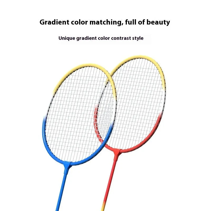 Blue and red split badminton rackets separated and connected, showing alloy frame and full set of two.