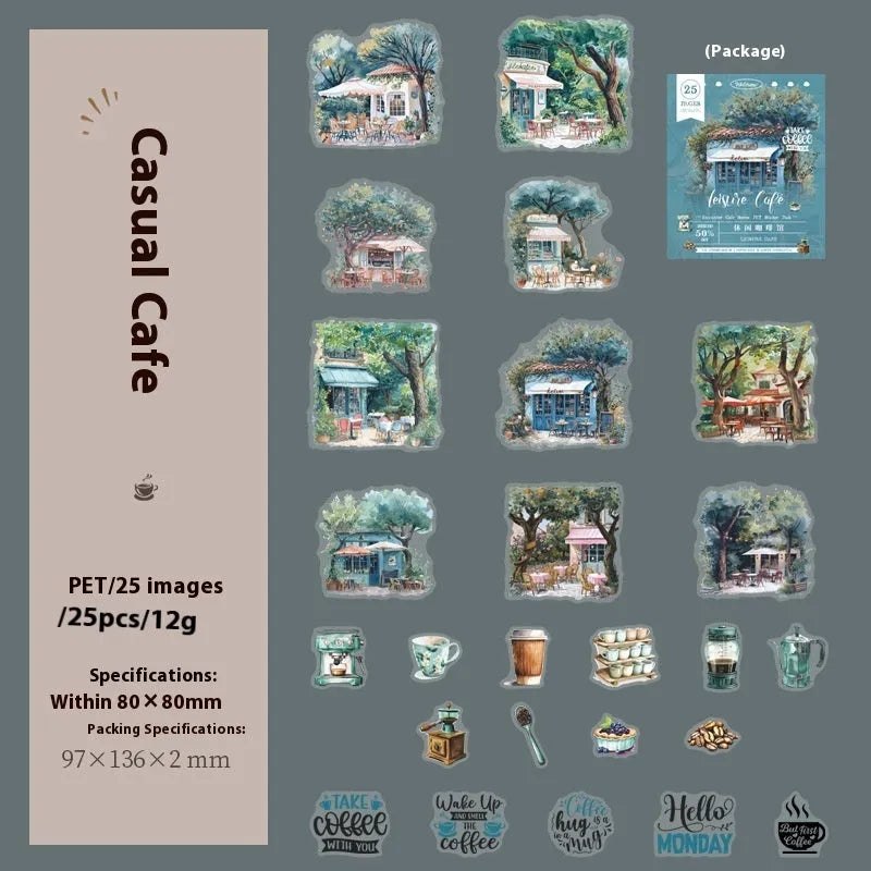 Encounter Cafe Series hand account sticker package with retro style, six colour themes, 25 or 75 stickers for scrapbooking