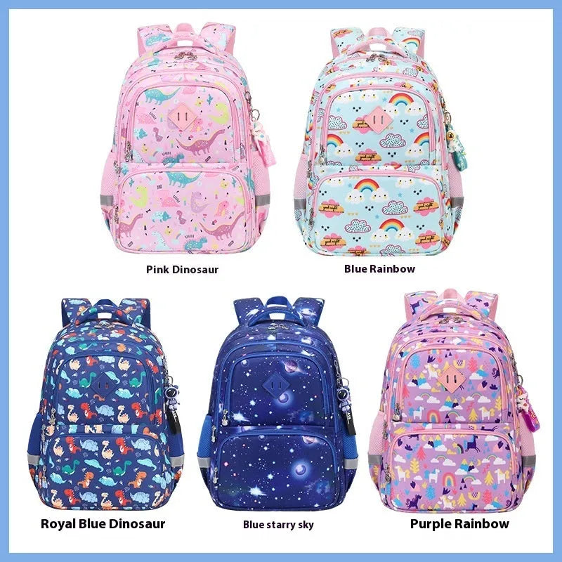 Blue children's school backpack made from Oxford cloth with curved straps, shown in a dinosaur pattern design.