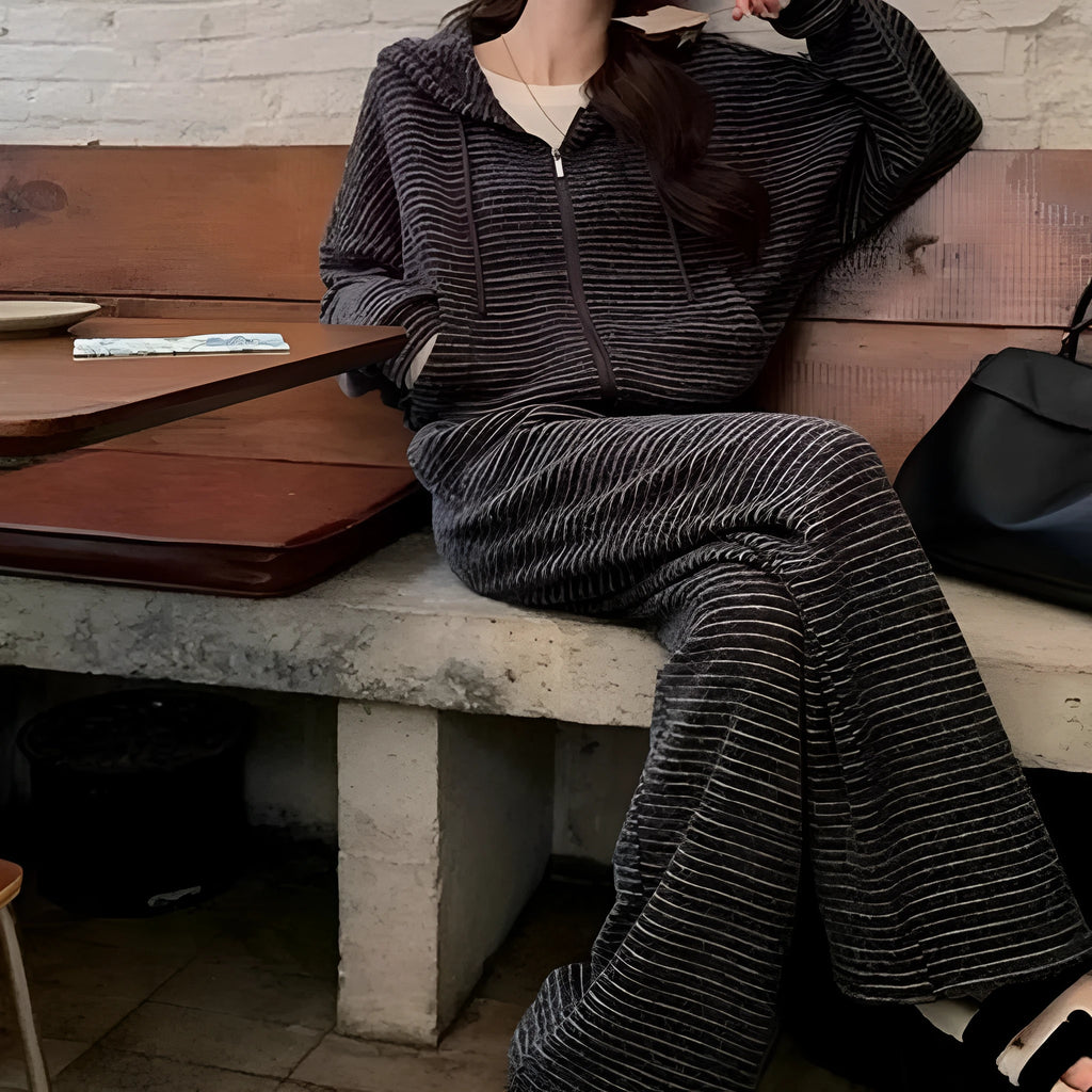 Two-piece sweatshirt and wide leg pants set in stripes or plaid pattern, conventional sleeves, sizes L to 4XL