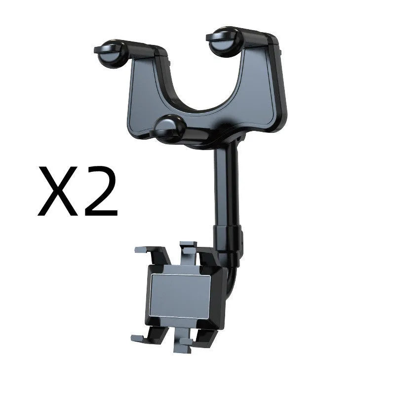Black rearview mirror car phone holder extended, showing 360-degree rotation and four-claw phone grip.