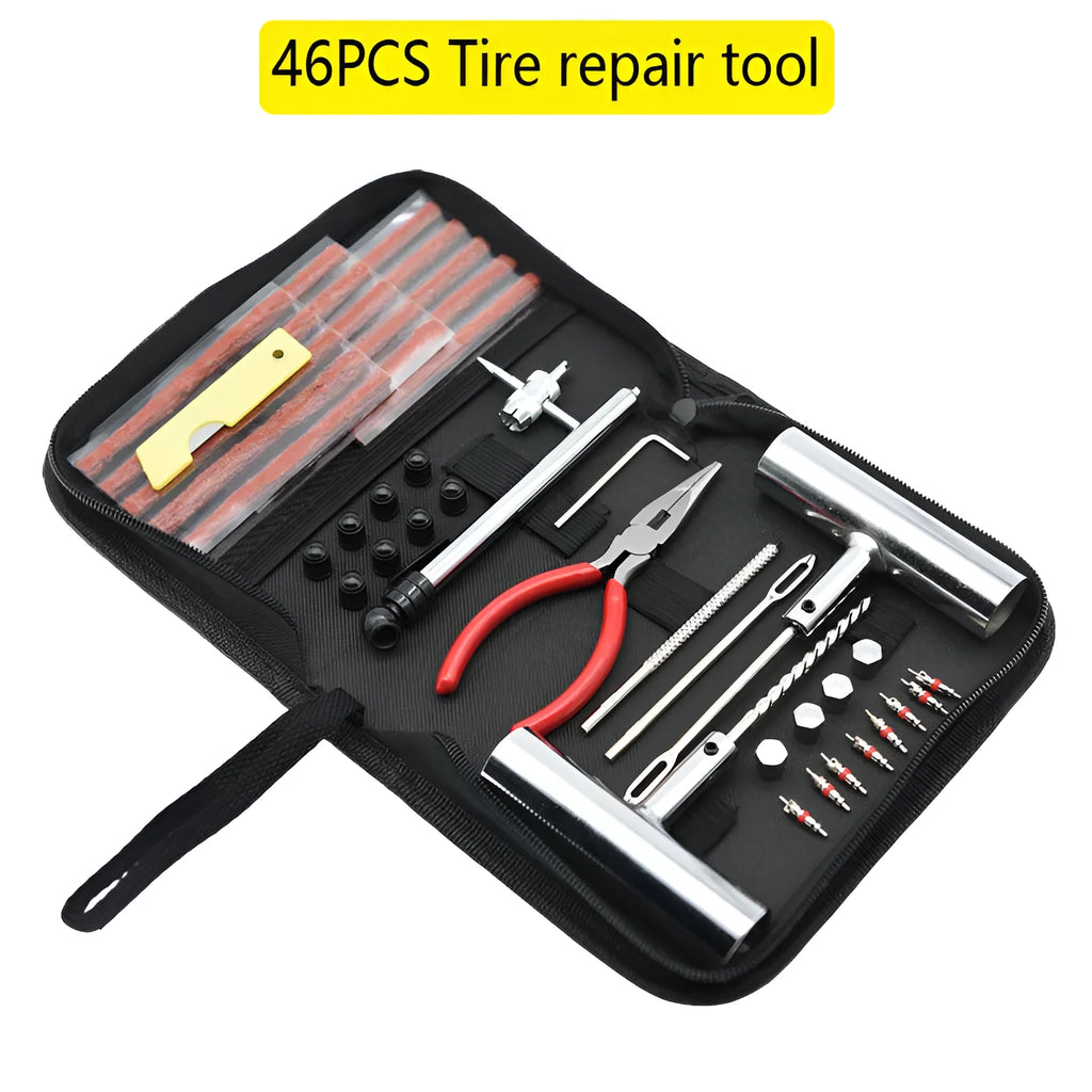 A cloth bag containing a 43-piece tire repair kit with 45 steel tools for puncture repairs.