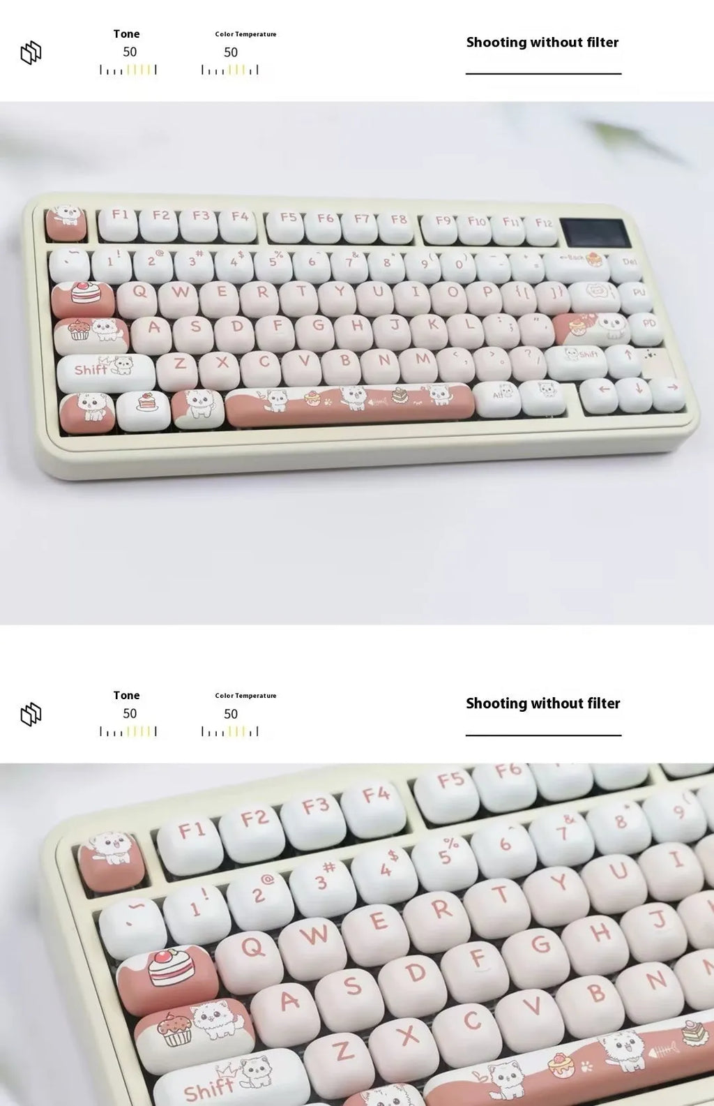 Cartoon dessert cat MOG round key cap set for mechanical keyboards, showing sublimated PBT design.