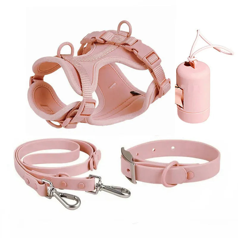 Dog tactical chest back collar set in PVC material with traction rope and harness, available in multiple colours