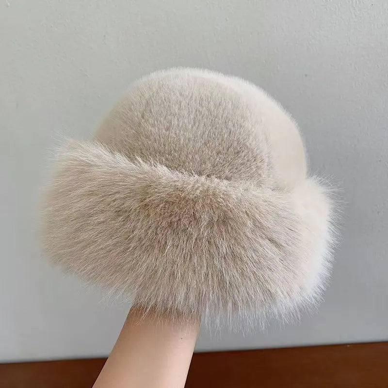 Plush Mongolian hat in faux mink fur, dome style, cold-proof for winter, available in black, brown, milk tea, and milky white