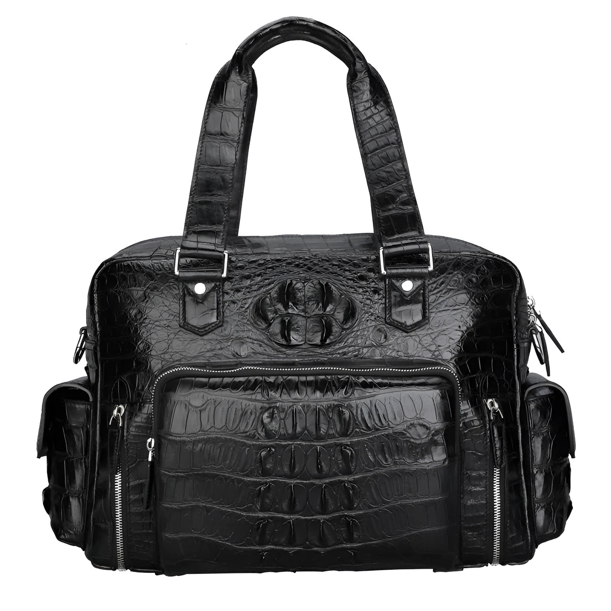 Genuine crocodile leather men's travel handbag, 44x28x18cm, black or brown, with cowhide lining and shoulder straps
