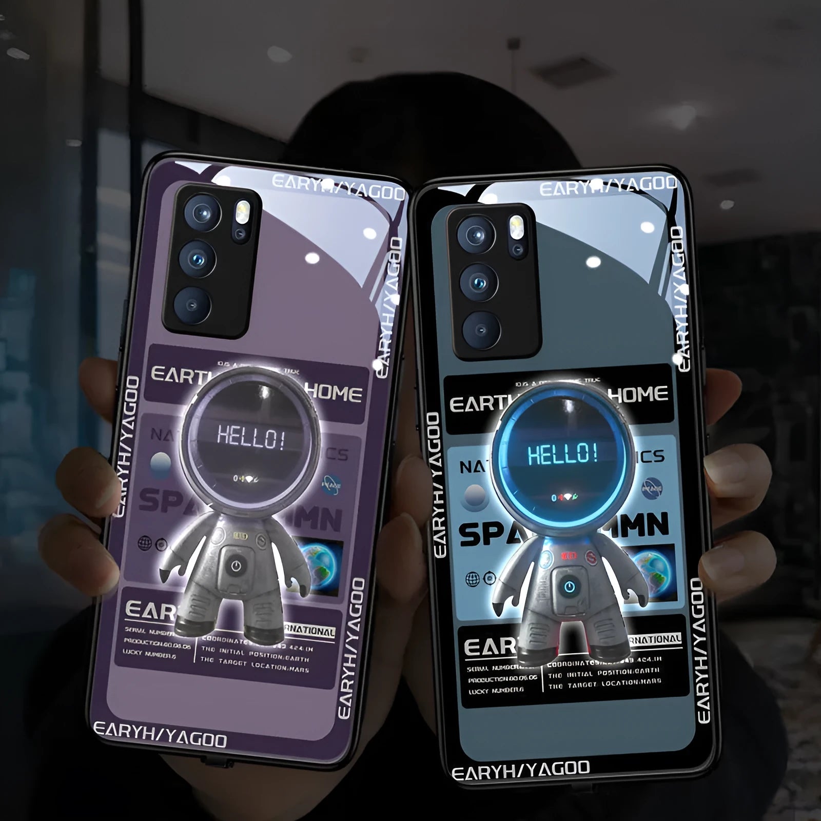 Astronaut luminous tempered glass phone case for Samsung with glow effect, blue colour, rear cover view