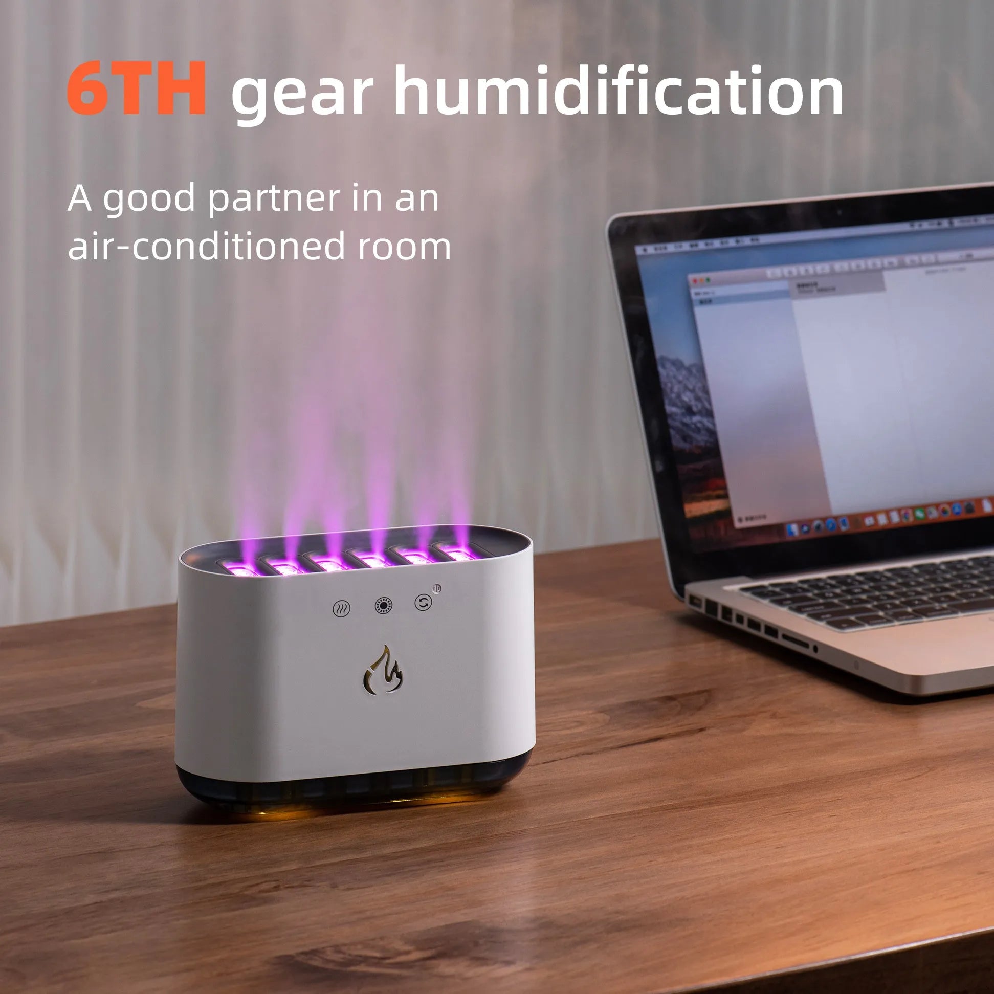 White large-capacity household humidifier with LED colourful lights and aromatherapy function on a table.
