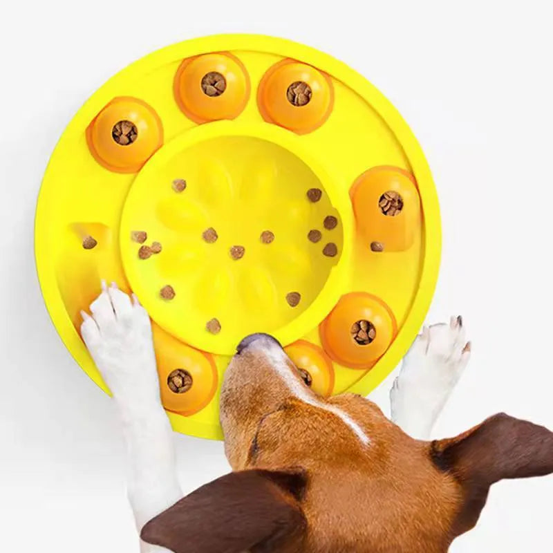 Square lake blue pet puzzle bowl with central slow-feeding column and top-mounted food turntable on a non-slip base.