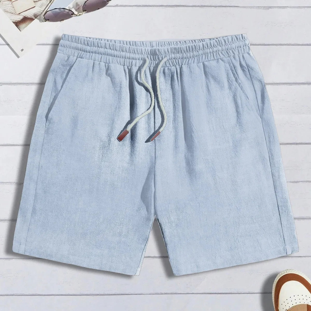 Men's thin linen loose casual shorts, no liner, drawstring waist, black light blue gray khaki navy blue