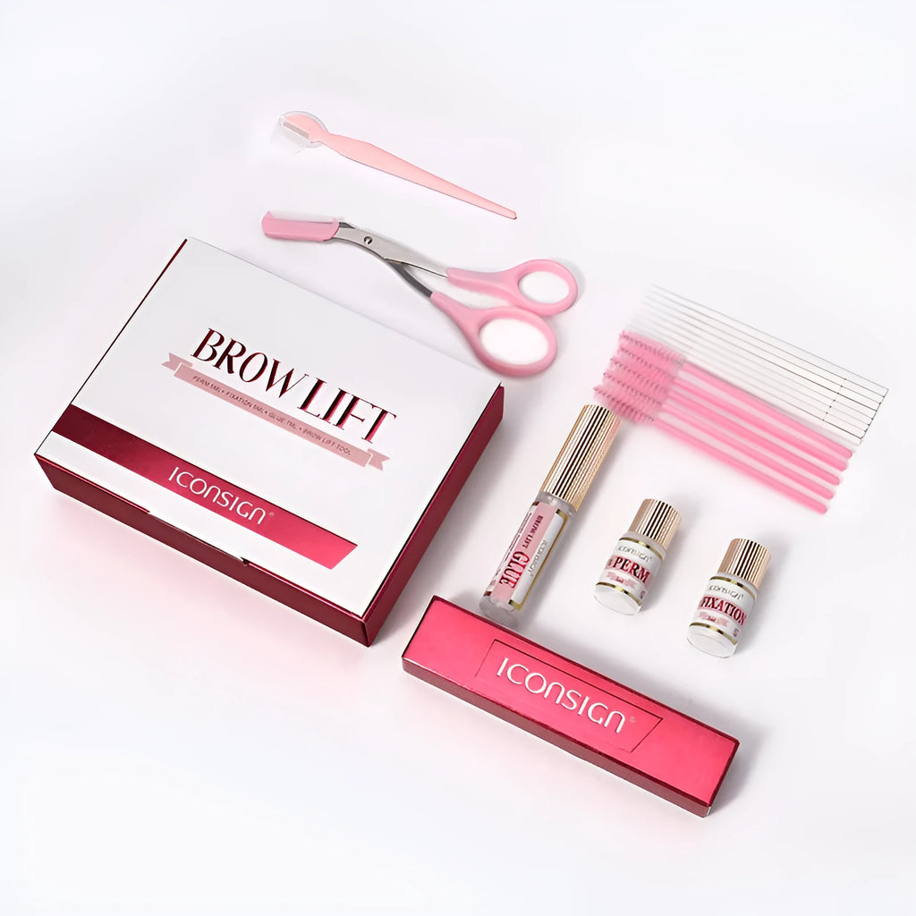 Pink eyebrow perm kit with keratin treatment solution and quick ironing tools in suit packaging