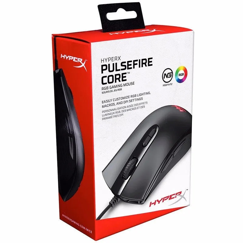 Pulsefire Core RGB wired gaming mouse in black or pink with ergonomic design and USB cable