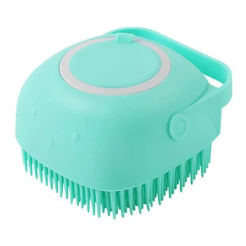 Blue silicone dog bath brush with soft bristles for washing and massage