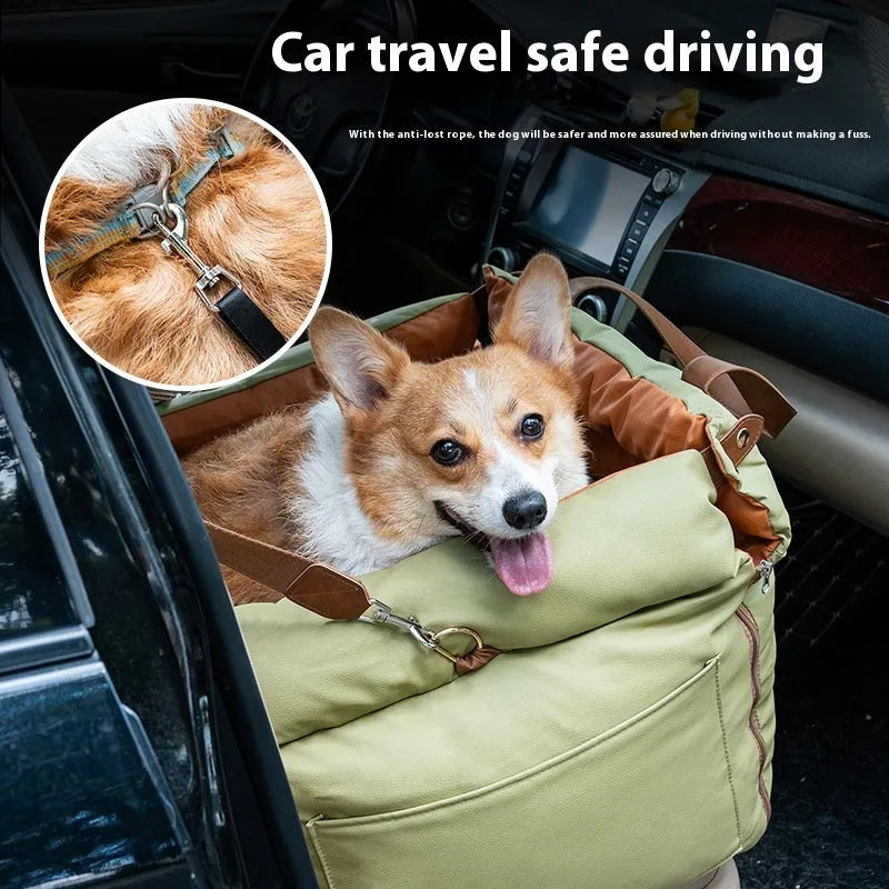 Portable cloth cat car kennel in brown colour, showing dimensions of 55 cm by 50 cm by 45 cm.