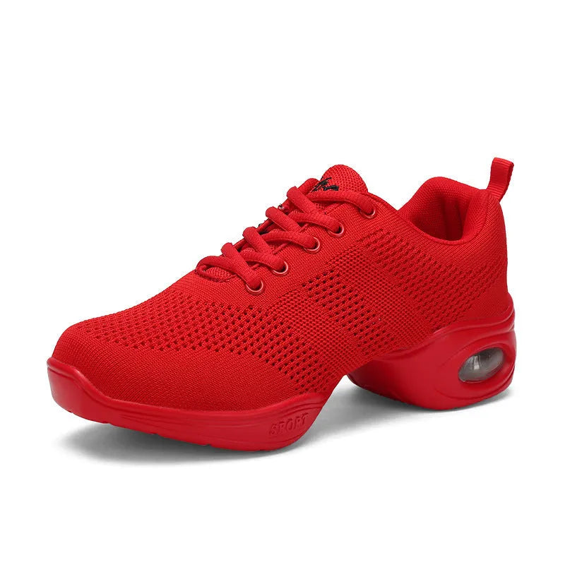 Women's breathable Flyknit mesh dance shoes in multiple colours with a soft PU sole.