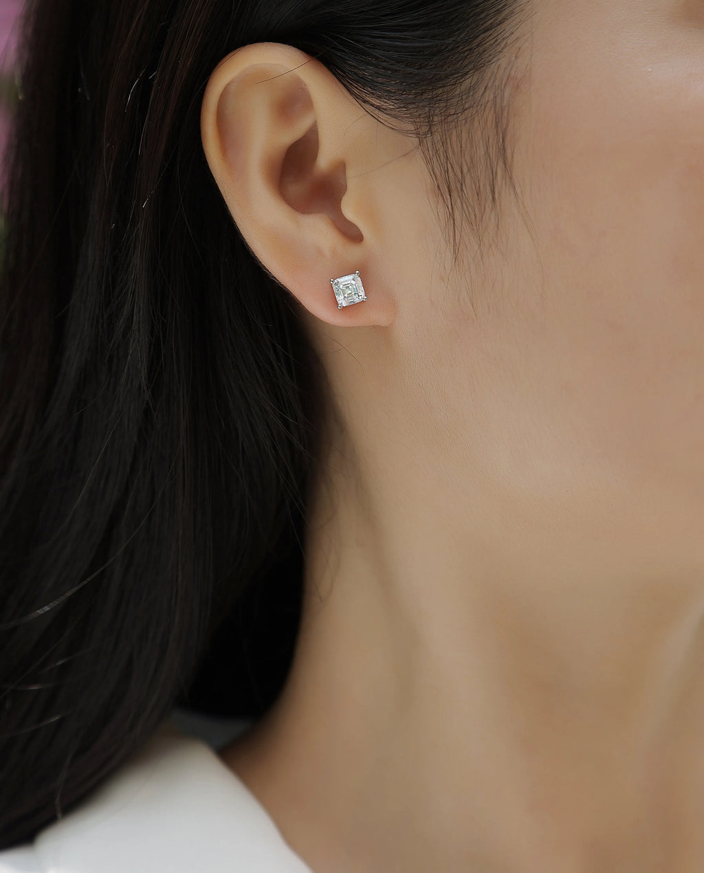 Pair of square cut moissanite stud earrings in S925 silver with platinum plating, gold colour finish, in gift box with GRA certificate