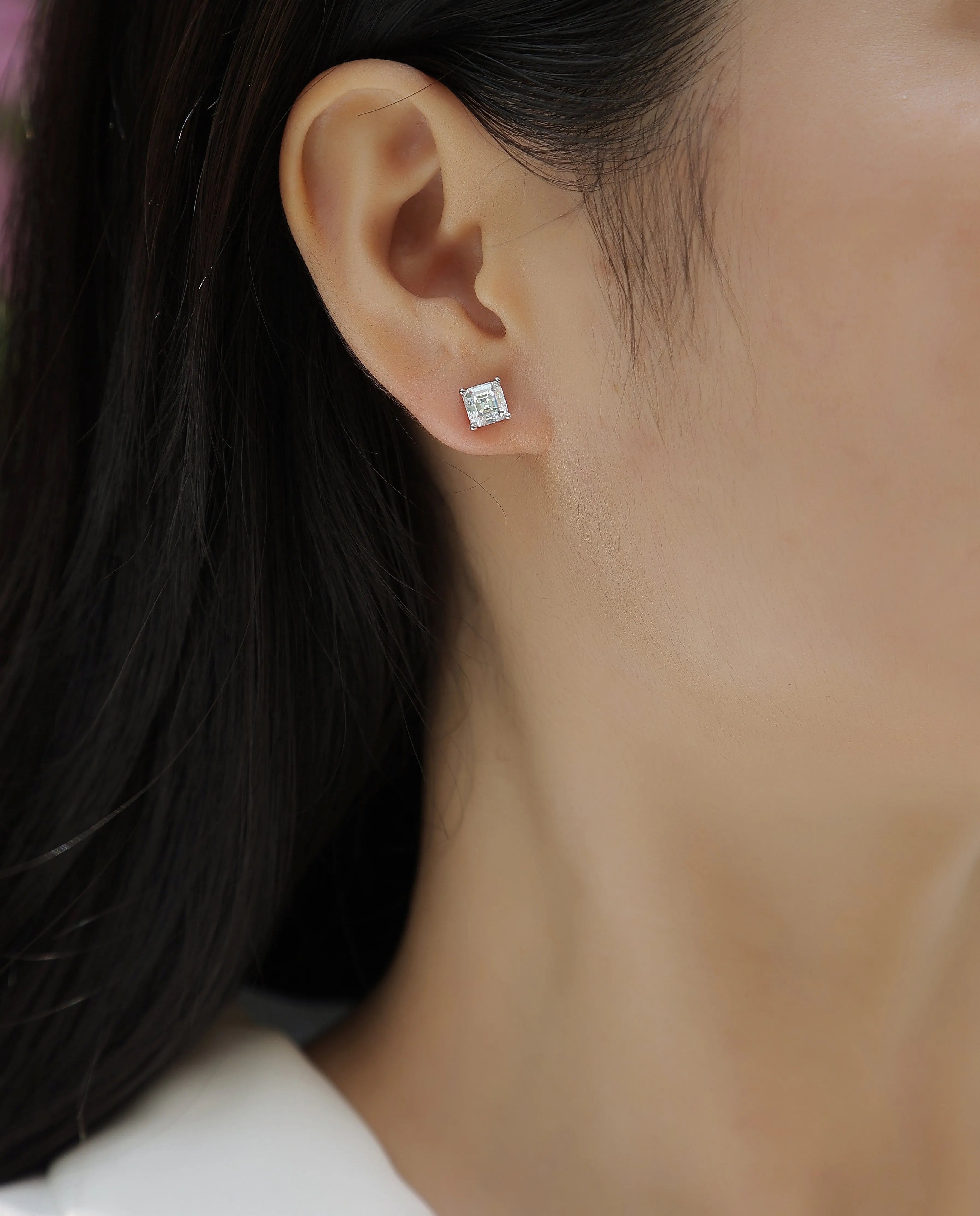 Pair of square cut moissanite stud earrings in S925 silver with platinum plating, gold colour finish, in gift box with GRA certificate