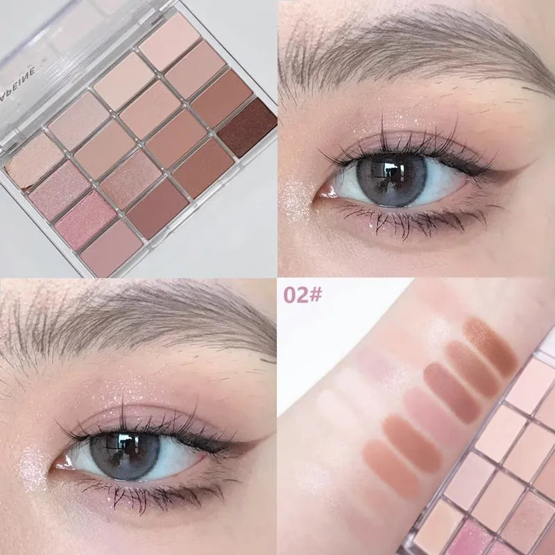 16 colour eye shadow palette with crouching silkworm design showing pink and brown shimmer matte shades