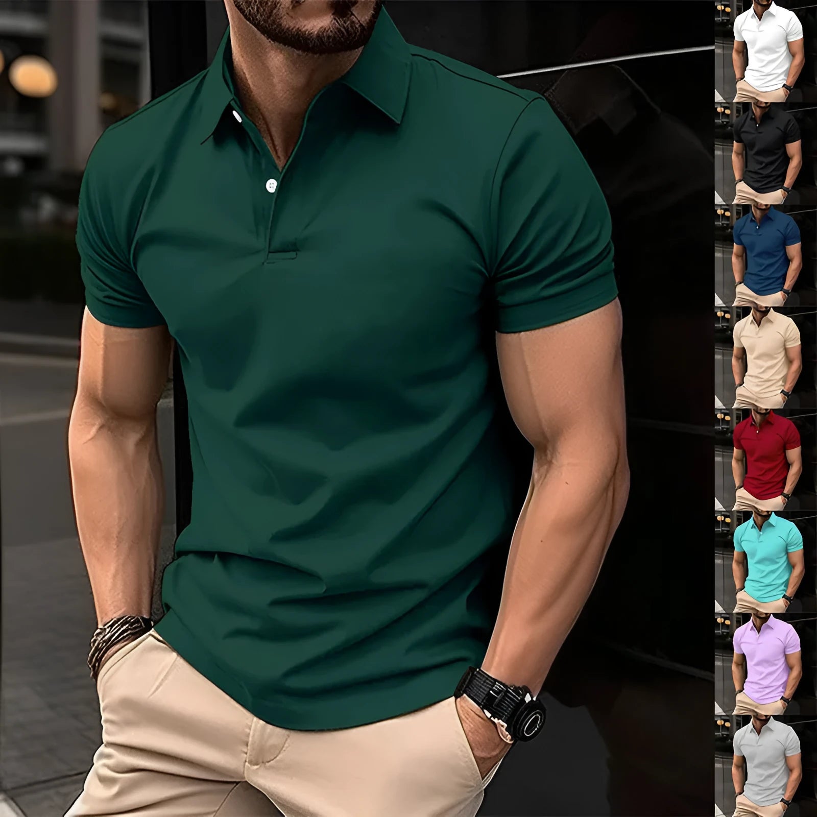 Men's solid colour short sleeve polo shirt with button lapel collar on a hanger.