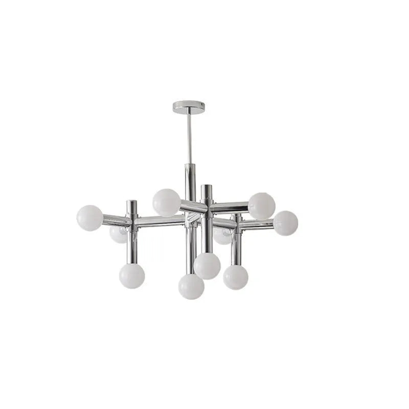 Nordic style chandelier with chrome finish, wrought iron frame, glass and aluminium details, 10 or 13 heads for restaurant or living room