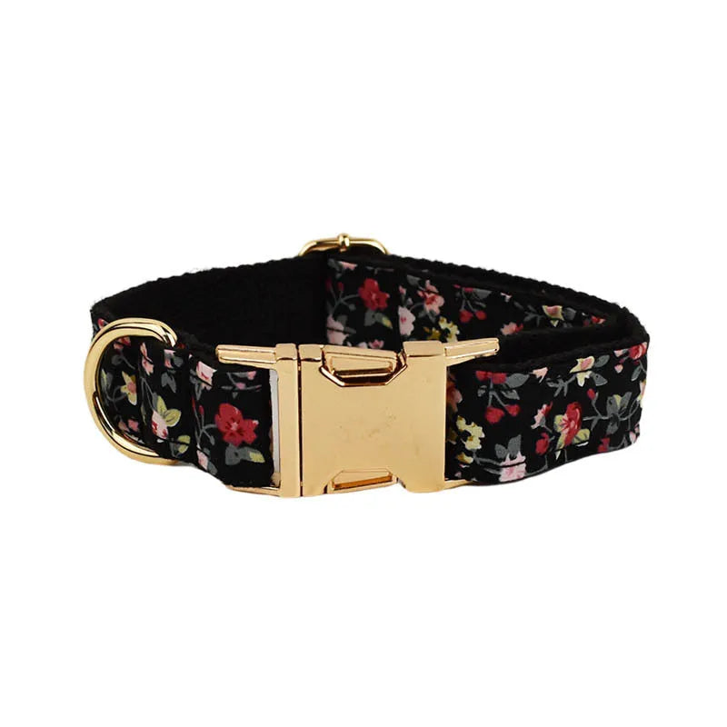 Cloth dog collar set with removable bow print includes matching leash, bow accessory, and vest in multiple sizes