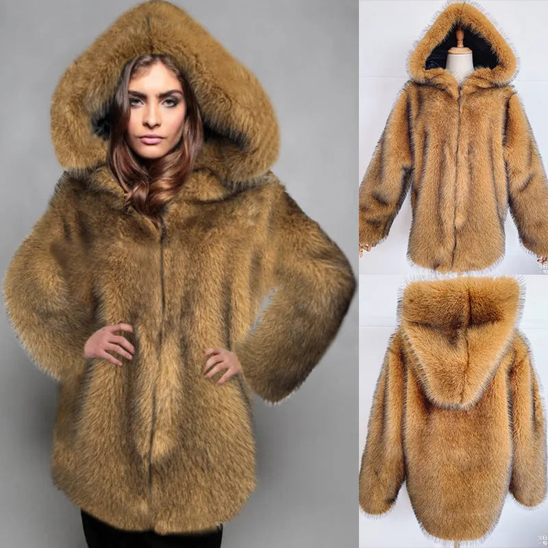 Women's loose silver grey artificial fur coat with a medium length of 65cm.