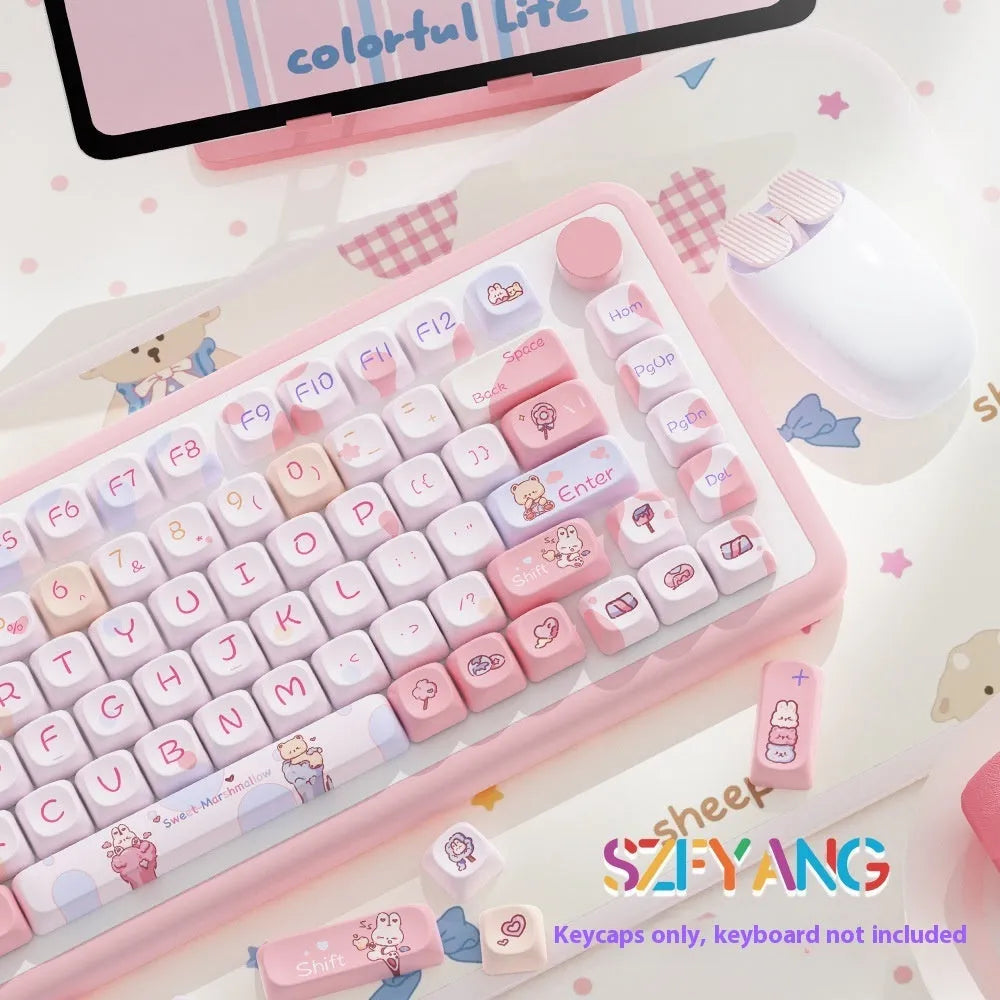 Sweet Cotton Candy coloured PBT keycap set for mechanical keyboards, showing 112-key and 120-key box options.