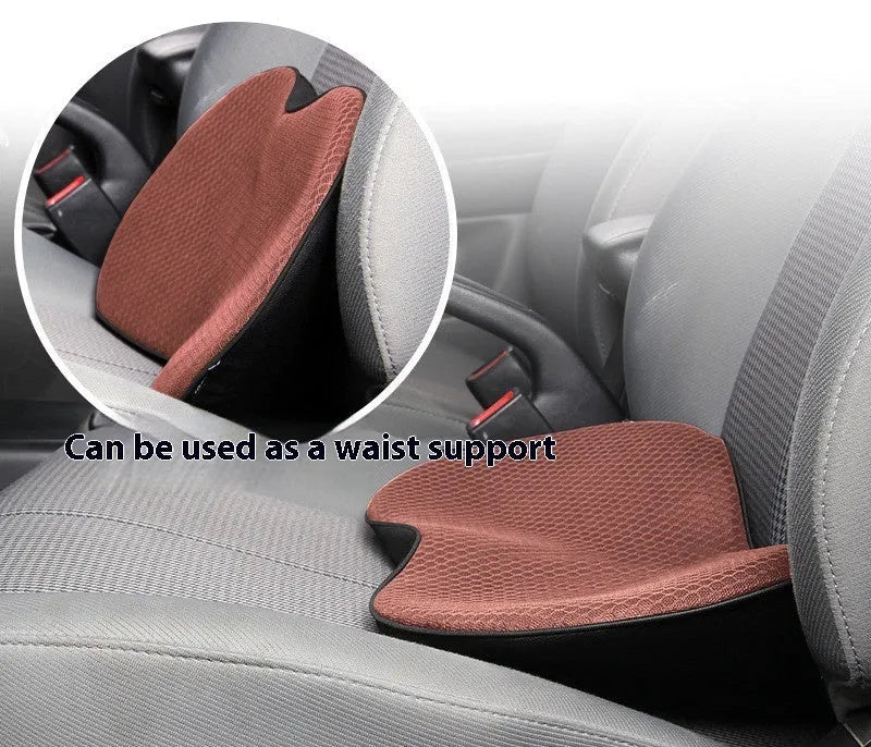 Flat black memory foam car seat cushion for increasing driving height.